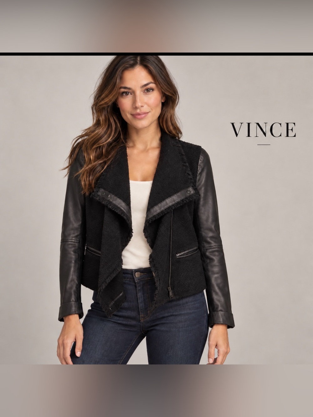 Vince Black Mixed-Media Leather Sleeve Jacket